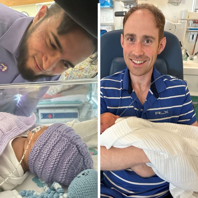 Man looking at newborn baby resting in hospital crib.