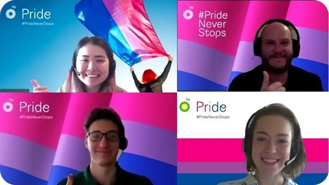 Four people smiling on a video call with Pride-themed virtual backgrounds, wearing headsets and showing thumbs up gestures.